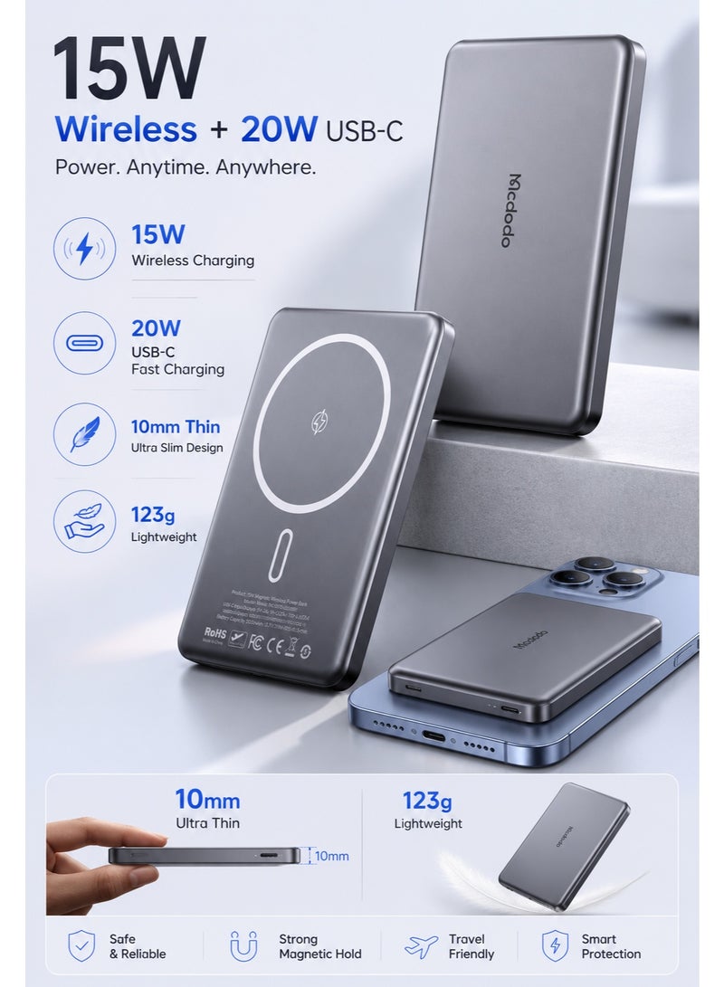 مكدودو McDodo بنك طاقة لاسلكي مغناطيسي، معدني فائق النحافة 10mm، 5000mAh، شحن لاسلكي 15W + USB-C 20W، مغناطيس N52، معتمد للطيران، أسود، MC-4641 - Image 1