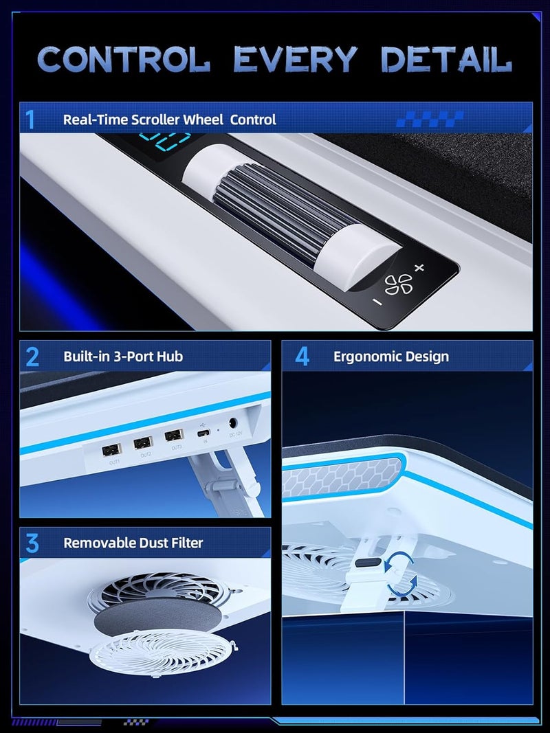 llano RGB Laptop Cooling Pad with Powerful Turbofan, Gaming Laptop Cooler Radiator with Infinitely Variable Speed, Touch Control, LCD Screen, 3-Port USB Hub, Seal Foam for Rapid Cooling Laptop 15-19'' - Image 4