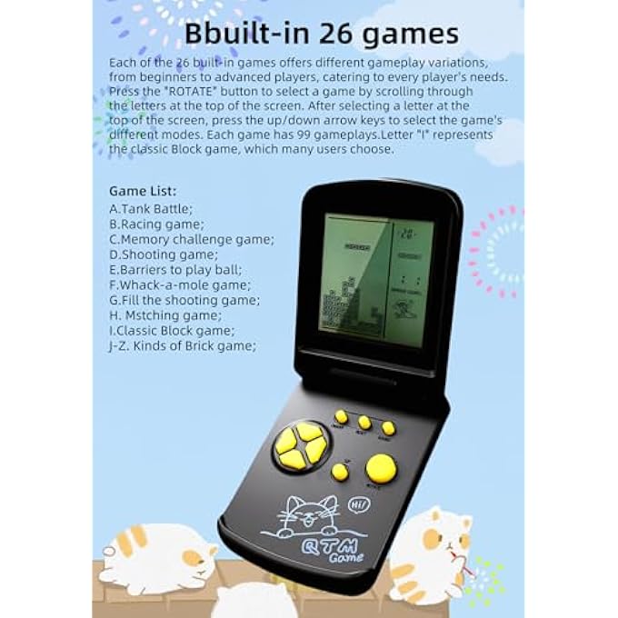 3.5" BLOCK GAME CONSOLE UNIQUE DESIGN COLLAPSIBLE 26 RETRO GAMES BUILT-IN MULTIPLE MODES DIFFICULTY/SPEED ADJUSTABLE EDUCATIONAL TOYS FOR KIDS (YELLOW) - Image 5