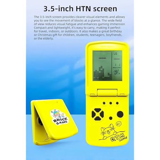 3.5" BLOCK GAME CONSOLE UNIQUE DESIGN COLLAPSIBLE 26 RETRO GAMES BUILT-IN MULTIPLE MODES DIFFICULTY/SPEED ADJUSTABLE EDUCATIONAL TOYS FOR KIDS (YELLOW) - Image 4