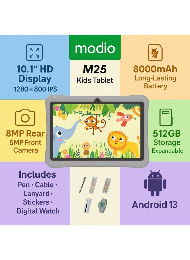 MODIO TAB Modio M25 Kids Tablet – 10.1 Inch HD Display, Android 13, 8GB RAM + 512GB Storage, 8000mAh, Dual Camera, 5G WiFi, with Pen, Watch & Stickers (Grey) - Image 5