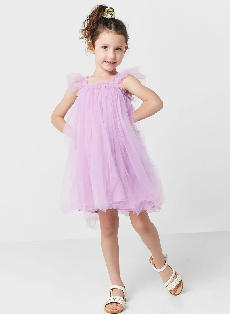 بنياتا Girls Solid Ruffle Tulle Dress