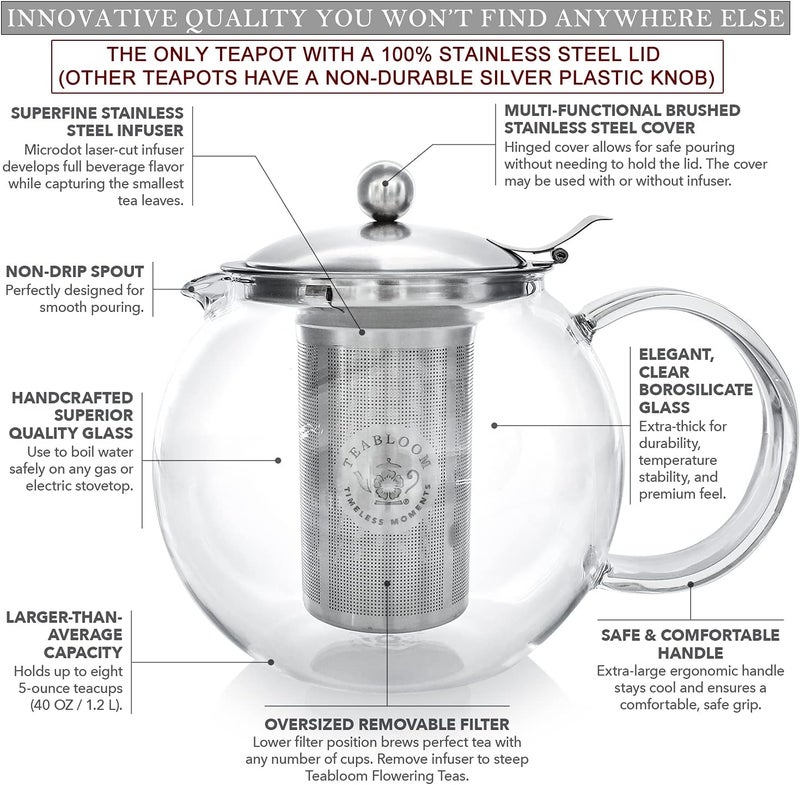 Teabloom All-in-One Glass Teapot and Tea Kettle – Heatproof Borosilicate Glass Tea Maker with Removable Stainless Steel Loose Tea Infuser – Classica Stovetop Tea Pot (40 oz / 1200 ml) - Image 3