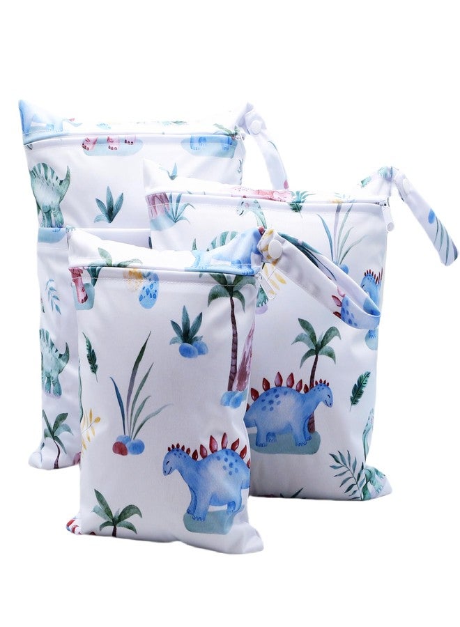 أسينابي حقيبة حفاضات قماشية من Asenappy، 3 قطع، مقاومة للماء وقابلة لإعادة الاستخدام، مزودة بجيبين بسحّاب، مناسبة للسفر والشاطئ وحمام السباحة ورعاية الأطفال ومستلزمات اليوجا والجيم، مناسبة لملابس السباحة أو الملابس المبللة (3036-3-whitedinosaur) - Image 1