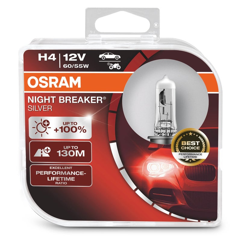 OSRAM أوسرام نايت بريكر سيلفر H4 100 مزيد من السطوع لمصباح هالوجين 64193NBSHCB 12V لسيارة الركاب صندوق مزدوج 2 مصابيح