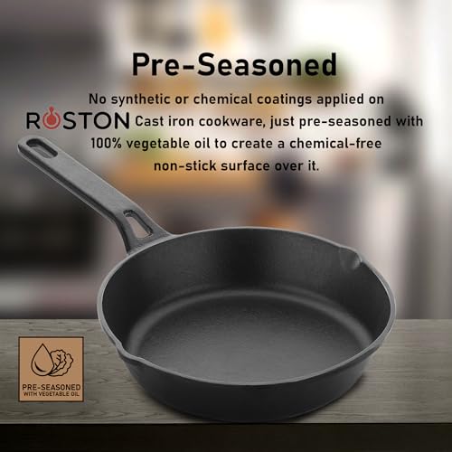 ROSTON Cast Iron Skillet Frying Pan, Pre-Seasoned Cooking Pan 20Cm (8 Inch) Long Handle with Silicon Grip Cast Iron Cookware,Black - Image 5