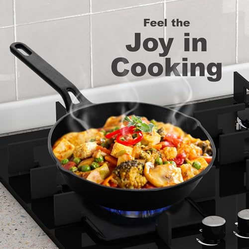 ROSTON Cast Iron Skillet Frying Pan, Pre-Seasoned Cooking Pan 20Cm (8 Inch) Long Handle with Silicon Grip Cast Iron Cookware,Black - Image 3