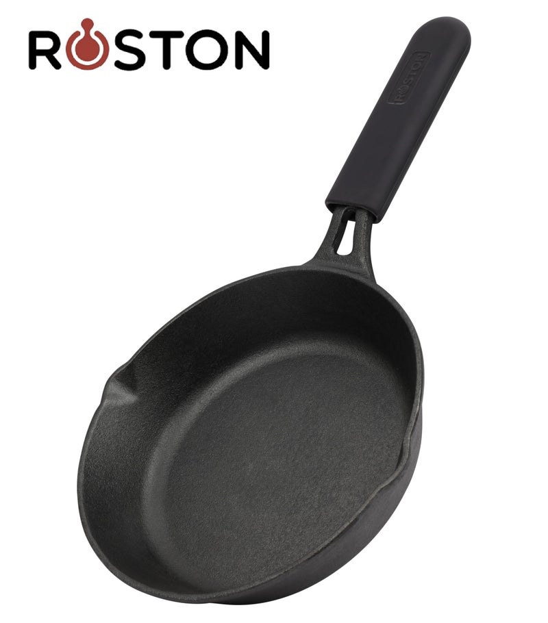 ROSTON Cast Iron Skillet Frying Pan, Pre-Seasoned Cooking Pan 20Cm (8 Inch) Long Handle with Silicon Grip Cast Iron Cookware,Black - Image 2