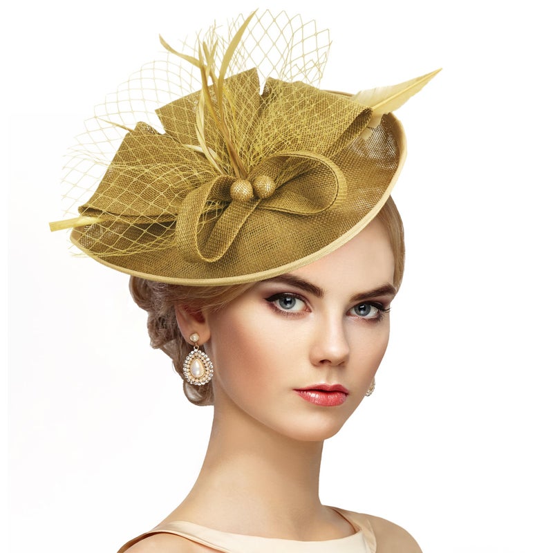Zinniday Derby Hats for Women 2026 - Brown Yellow Kentucky Outfits Fascinators Headpiece Fancy High Tea Party Attire Church Hats for Ladies 1920s 40s 50s Vintage Dressy Accessories - Image 1