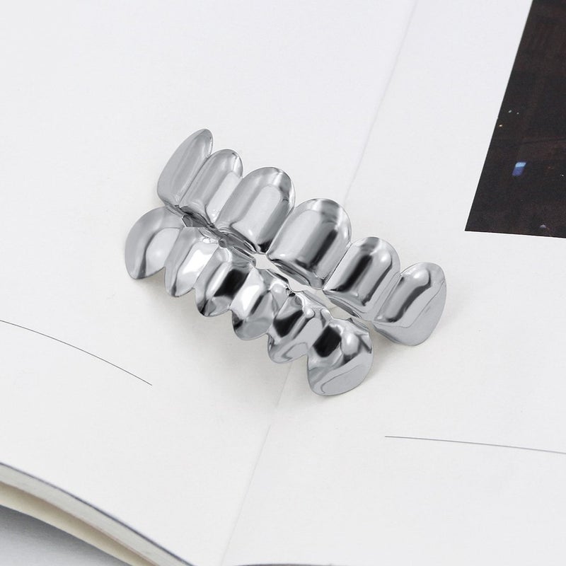 TOPGRILLZ 18K Gold Plated Hip Hop Custom Fit Teeth Grillz Set Caps with 4 Silicon Molding Bars (Silver 6 Fangs) - Image 4