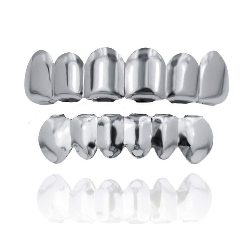TOPGRILLZ 18K Gold Plated Hip Hop Custom Fit Teeth Grillz Set Caps with 4 Silicon Molding Bars (Silver 6 Fangs) - Image 1