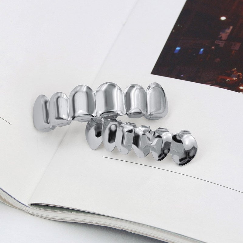 TOPGRILLZ 18K Gold Plated Hip Hop Custom Fit Teeth Grillz Set Caps with 4 Silicon Molding Bars (Silver 6 Fangs) - Image 3