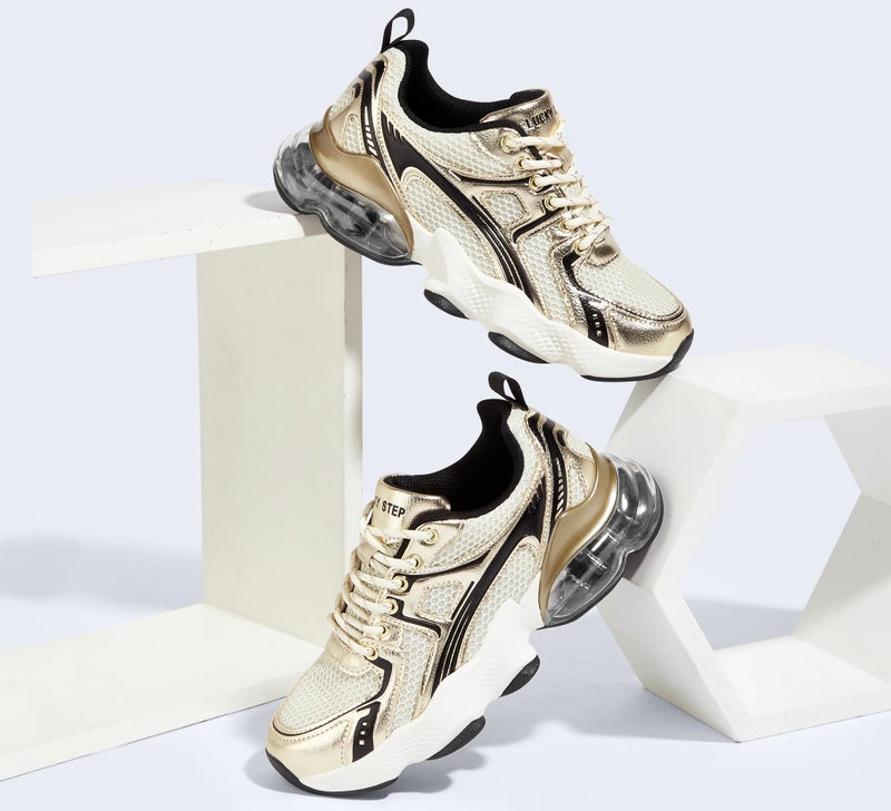 LUCKY STEP Women's Air Cushion Running Shoes Athletic Tennis Sneakers Lightweight Sports Mesh Gym Jogging Workout Walking Shoes(Gold/Beige,9 B(M) US) - Image 3