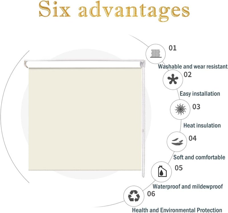 SMONTER 100% Blackout Waterproof Fabric Window Roller Shades Blind, Thermal Insulated,UV Protection,for Bedrooms,Living Room,Bathroom,The Office, Easy to Install 66CM W x 200CM L(Beige) - Image 2