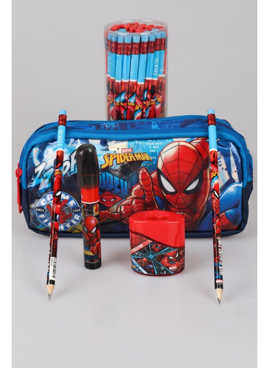 SPIDERMAN Licensed Pencil Bag, 2 Eraser Pencils, Double Blade Sharpener and Rocket Eraser Stationery Set  - Image 1