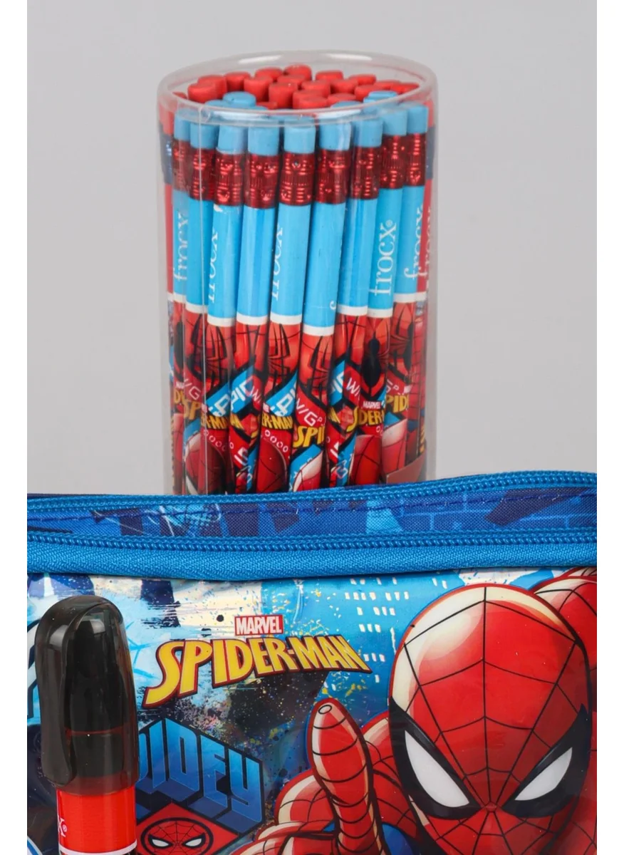 سبايدر مان Licensed Pencil Bag, 2 Eraser Pencils, Double Blade Sharpener and Rocket Eraser Stationery Set