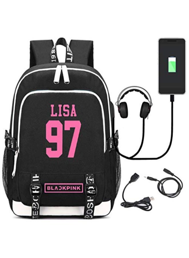 حقيبة ظهر بلاك بينك مع منفذ شحن USB ومقبس سماعة رأس - حقيبة كمبيوتر محمول مدرسية للمراهقين والأولاد والبنات من فرقة كي-بوب روز وليزا وجيسو وجيني