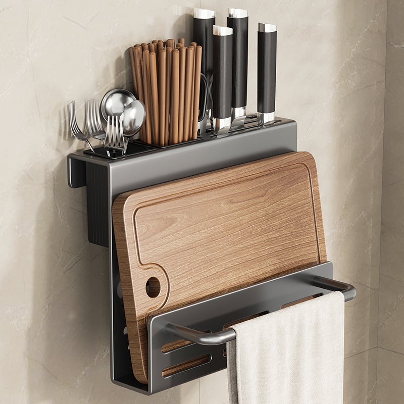 Kitchen Knife Rack Storage Rack Multi-functional Wall-mounted Knife Storage Rack for Kitchen Knife Chopping Board Integrated Rack Chopsticks Holder(A8 gun gray knife holder + chopping board holder double cup with Rod) - Image 1