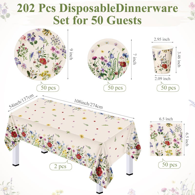 Layhit لائحة 202 قطعة لوازم تزيين حفلات الزهور أطباق ورقية من الزهور مناديل أكواب فراشة غطاء طاولة زهور برية لربيع صيف حفلات عيد الميلاد والزفاف (زهور برية 3 ريترو) - Image 2