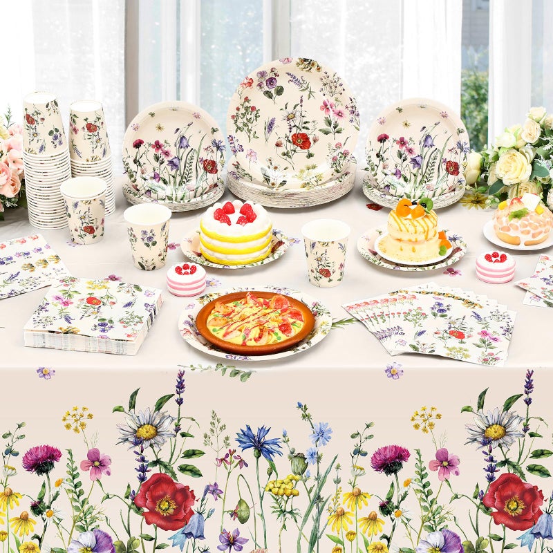 Layhit لائحة 202 قطعة لوازم تزيين حفلات الزهور أطباق ورقية من الزهور مناديل أكواب فراشة غطاء طاولة زهور برية لربيع صيف حفلات عيد الميلاد والزفاف (زهور برية 3 ريترو) - Image 3