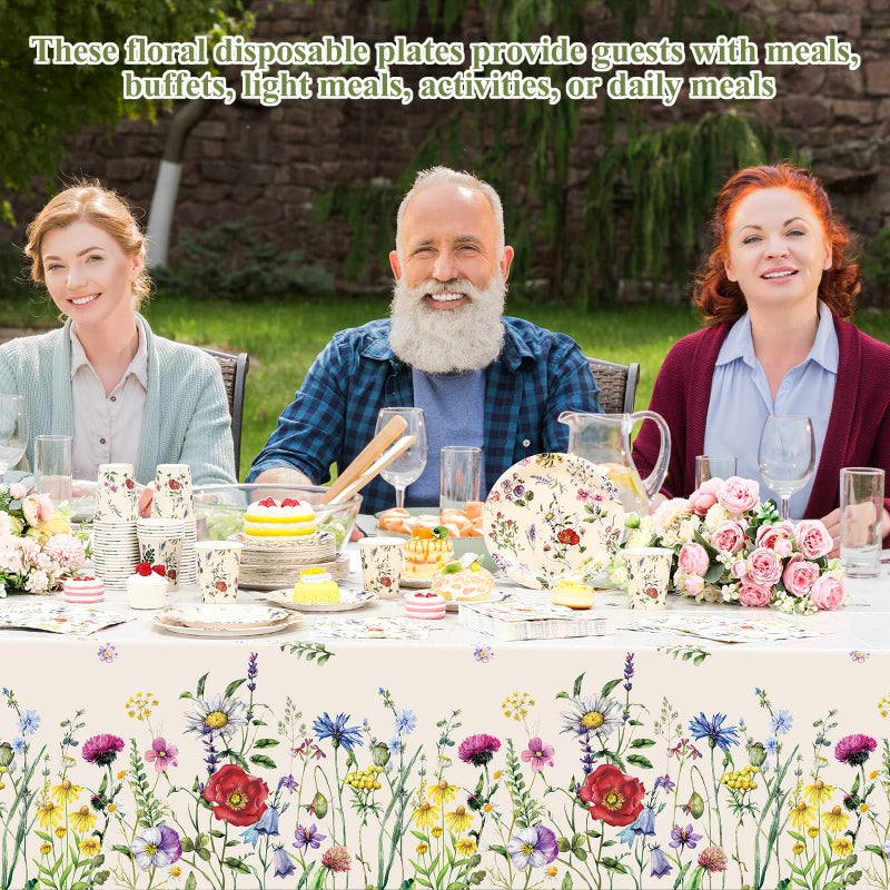 Layhit لائحة 202 قطعة لوازم تزيين حفلات الزهور أطباق ورقية من الزهور مناديل أكواب فراشة غطاء طاولة زهور برية لربيع صيف حفلات عيد الميلاد والزفاف (زهور برية 3 ريترو) - Image 4