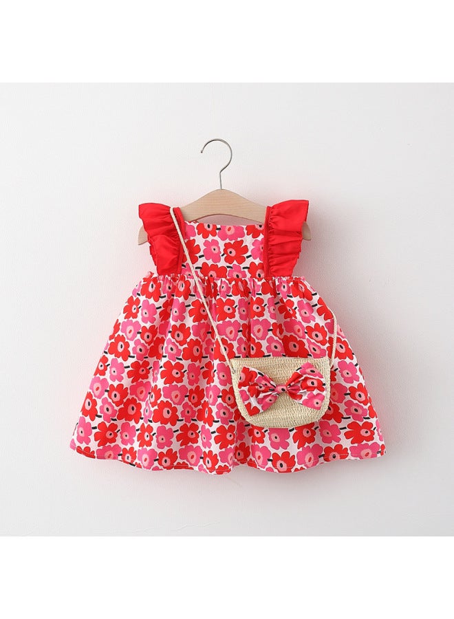 Red Summer Kids' Clothing Floral Flying Sleeve Girls Dress