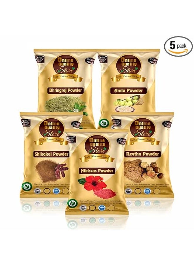 Online Quality Store Amla Reetha Shikakai, Bhringraj and Hibiscus Powder for Hair |Aritha|Ritha|Soapnuts|Indian Gooseberry |organic Bhringraj |Hibiscus /gudhal /gudhal fool powder(Pack of 5 ,50g each ,Total 250g Pack) - Image 1