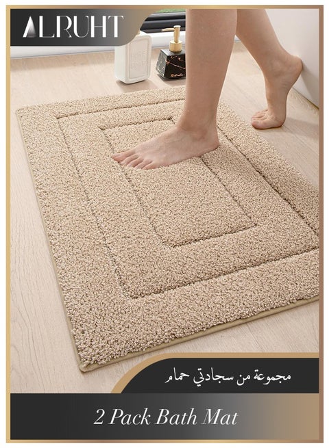 2 Piece Bathroom Mat Set, Washable Bath Mats, Stain Resistant Thin Geometric Flocking Rug, Absorbent Bathroom Mat, Door Mat, Anti Slip Floor Mat for Bathroom And Entryway Beige