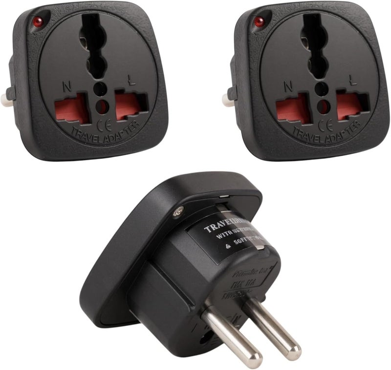 MANGO TL15B Travel Adapter  3 Pack EU Plug to Universal Socket  With Child Safety Shutter  Neon Indicator  CE Certified  Compact Power Converter for Home Office Hotel  Travel  Black