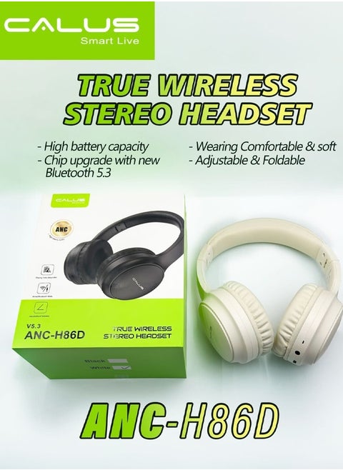 Calus ANC-H86D Wireless Bluetooth Headphones Noise Cancelling Headsets Over Ear with Built-In Microphone for Clear Calls & Voice Control Beige