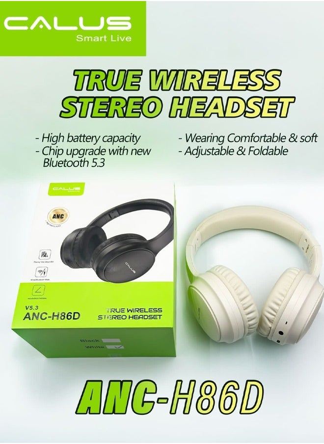 Calus ANC-H86D Wireless Bluetooth Headphones Noise Cancelling Headsets Over Ear with Built-In Microphone for Clear Calls & Voice Control Beige