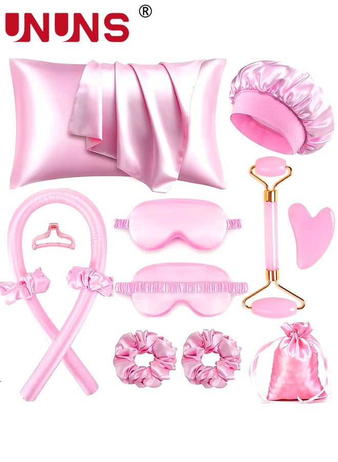 UNUNS 12Pcs Sleeping Hair Styling Tools Set,Curler And Facial Massager,1 Pillowcase,Heat-Free Curling Iron Set,Overnight Curler,1 Sleeping Soft Eye Mask,1 Storage Bag,Facial Roller Skin Care Tools for Women,Pink - Image 1
