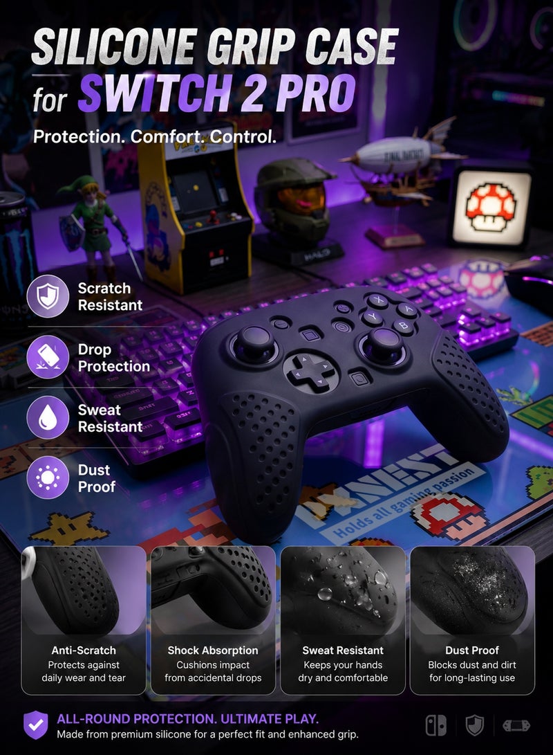 Pxnest Protective Case for Switch 2 PRO Controller, Black Soft Silicone Cover, Anti-Scratch Shockproof - Image 2