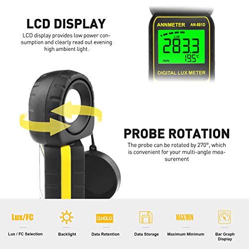 AIOMEST Digital Lux/Foot Candle Light Meter, AIOMEST Illuminance Lumen Tester 0.01~400,000 Lux, Handheld Luxometro AI-881D for LED Plant Grow Lighting, Luxmeter w/Data Logging & Rotatable Detector - Image 2