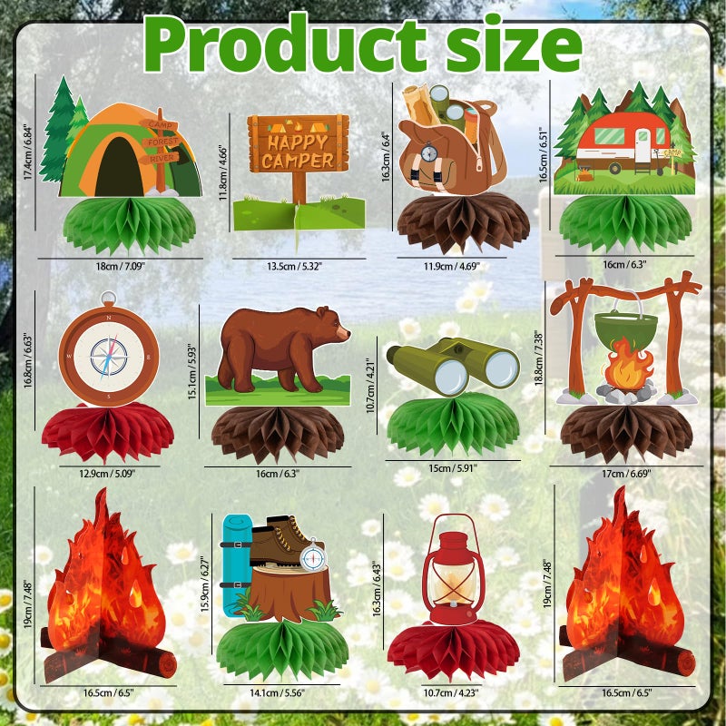 kockuu Camping Party Decoration, 12 Pcs Happy Camper Honeycomb Centerpieces Table Decor Adventure Cake Topper for Birthday Shower Campfire Adventure Club Anniversary Party Supplies - Image 3
