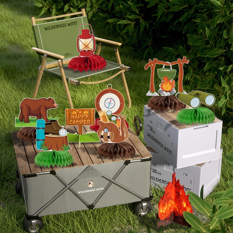 kockuu Camping Party Decoration, 12 Pcs Happy Camper Honeycomb Centerpieces Table Decor Adventure Cake Topper for Birthday Shower Campfire Adventure Club Anniversary Party Supplies - Image 4