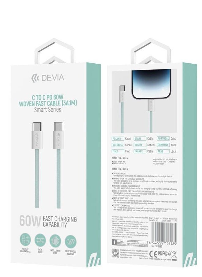 devia - DEVIA Smart Series PD Cable 60W Woven 1M Combatable with all android and iPhone 15 - 16 series  Built-in smart switching chip Nylon braided for better durability  charging and data cable - GREEN MP81 EC325 - Image 1