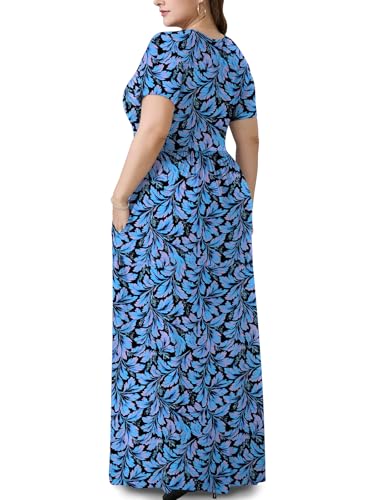 PEVRL Plus Size Maxi Dresses for Women Summer Casual Short Sleeve Long Dress with Pockets Blue Leaf Flower 2X - Image 3
