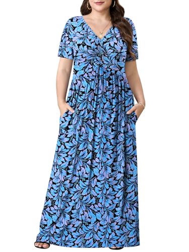 PEVRL Plus Size Maxi Dresses for Women Summer Casual Short Sleeve Long Dress with Pockets Blue Leaf Flower 2X - Image 1