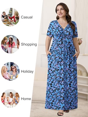 PEVRL Plus Size Maxi Dresses for Women Summer Casual Short Sleeve Long Dress with Pockets Blue Leaf Flower 2X - Image 4