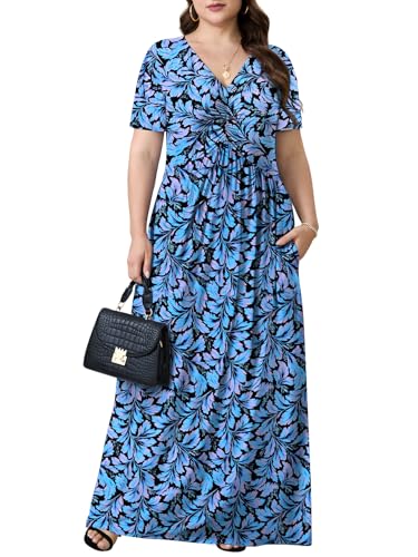PEVRL Plus Size Maxi Dresses for Women Summer Casual Short Sleeve Long Dress with Pockets Blue Leaf Flower 2X - Image 2