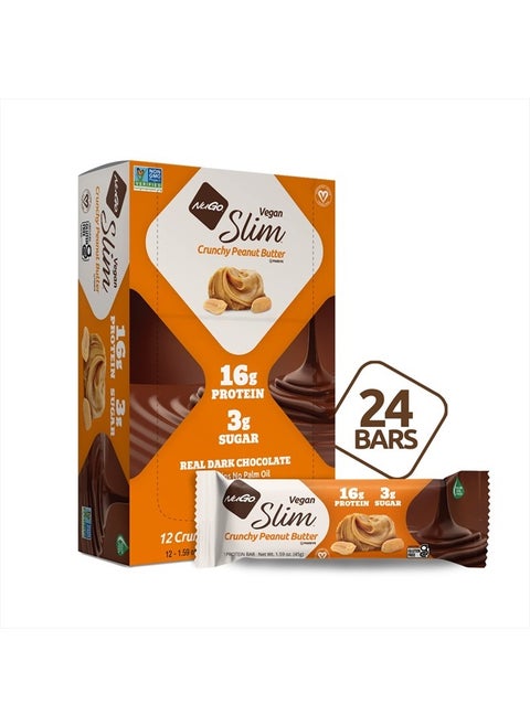 Nugo Slim Dark Chocolate Crunchy Peanut Butter, 16g Vegan Protein, 3g Sugar, 7g Fiber, 180 Calories, Low Net Carbs, Gluten Free, 24 Count