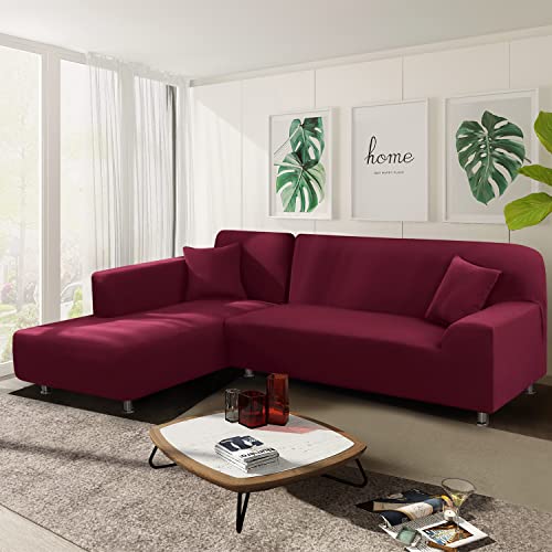NAISI Couch Cover L Shape 2 Pieces Sofa Cover Soft Stretch Slipcovers with 2pcs Pillowcases Furniture Protector Sectional Couch Covers 3 Seater + 3 Seater(Burgundy) - Image 2
