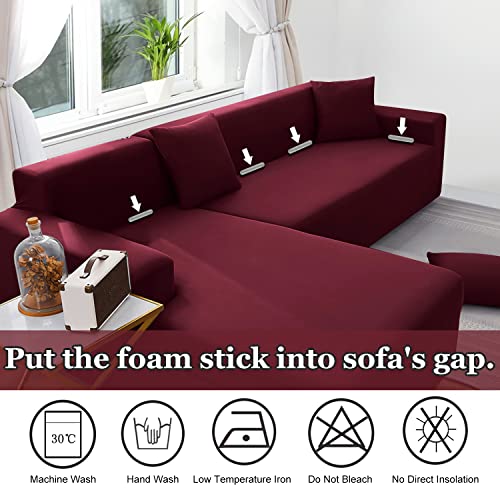 NAISI Couch Cover L Shape 2 Pieces Sofa Cover Soft Stretch Slipcovers with 2pcs Pillowcases Furniture Protector Sectional Couch Covers 3 Seater + 3 Seater(Burgundy) - Image 4