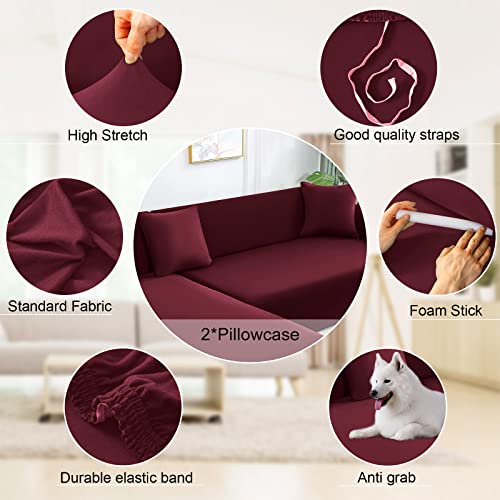 NAISI Couch Cover L Shape 2 Pieces Sofa Cover Soft Stretch Slipcovers with 2pcs Pillowcases Furniture Protector Sectional Couch Covers 3 Seater + 3 Seater(Burgundy) - Image 3