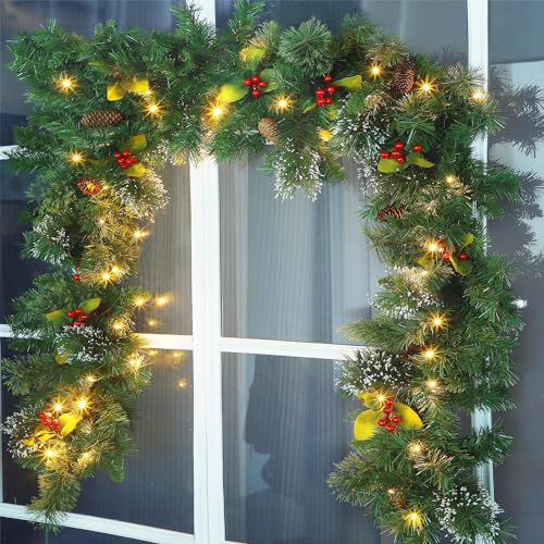 Juegoal Juegoal 9ft Prelit Christmas Garland Artificial Xmas Greenery Garland with 50 Warm White LED Lights Battery Operated  Timer Lighted for Indoor Outdoor Holiday New Year Winter Garden Gate Home