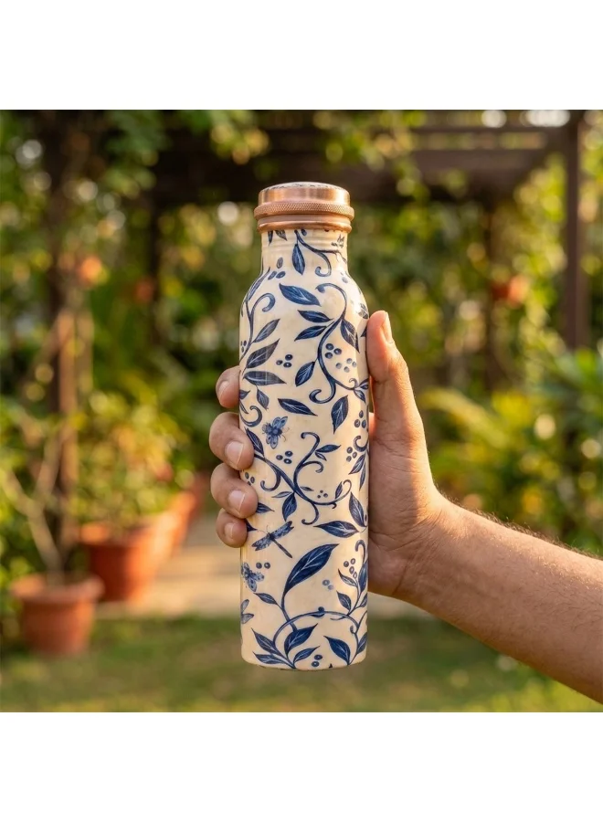 Mobcos Mobcos Vintage Indigo Vine Copper Water Bottle 1 Ltr, 99% Pure Copper Bottle with Leakproof Screw Cap, Handmade Marbled Design, Reusable Water Bottle for Home, Office & Travel