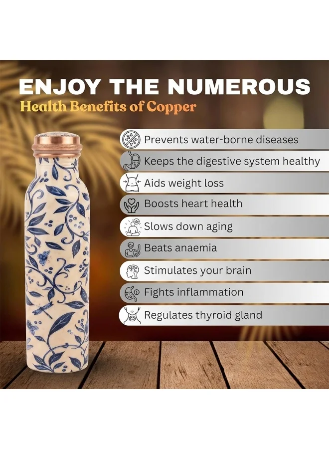 Mobcos Mobcos Vintage Indigo Vine Copper W Bottle 1 Ltr Mobcos Vintage Indigo Vine Copper Water Bottle 1 Ltr, 99% Pure Copper Bottle with Leakproof Screw Cap, Handmade Marbled Design, Reusable Water Bottle for Home, Office & Travel  | Best Price UAE