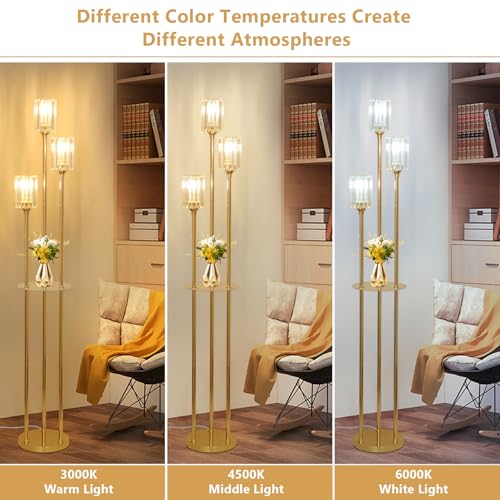 HMVPL Gold Floor Lamps for Living Room, Modern Floor Lamp with Shelves, Crystal Standing Lamps with Table, Brass Tall Lamp with Crystal Shade, On/Off Switch, Mid Century Corner Floor Lamp for Bedroom - Image 4