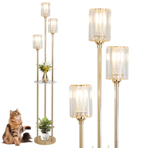 HMVPL Gold Floor Lamps for Living Room, Modern Floor Lamp with Shelves, Crystal Standing Lamps with Table, Brass Tall Lamp with Crystal Shade, On/Off Switch, Mid Century Corner Floor Lamp for Bedroom - Image 1